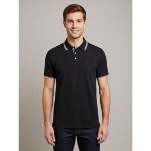 Stone Falcon Polo Shirt Mens M Black Pullover Stretch Casual 3 Button